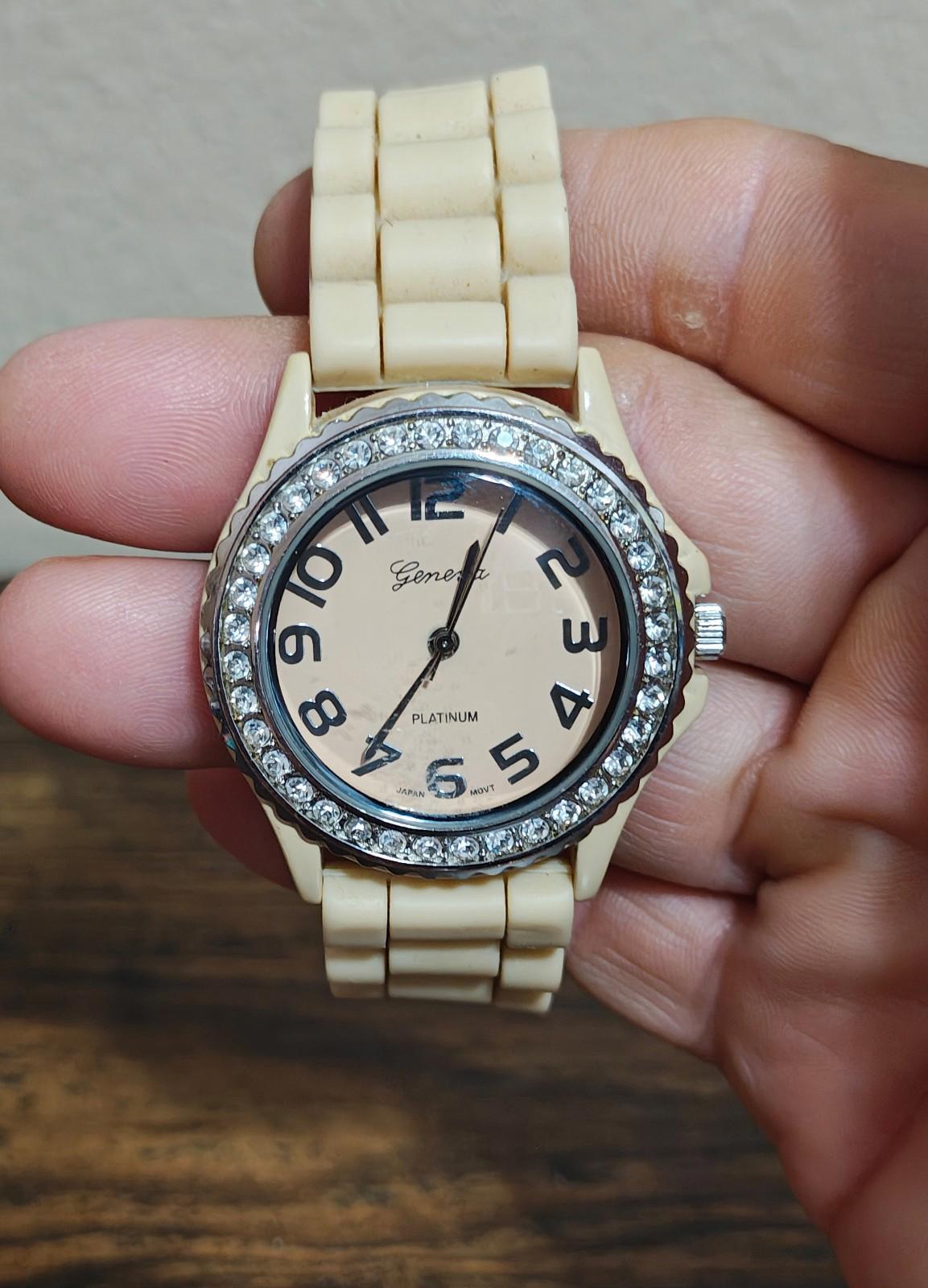 Geneva Platinum Beige Dial Rhinestones Bezel  Beige Silicone Watch