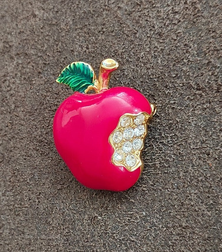 1990s Gold Tone Red & Green Enamel & Rhinestone Bitten Apple Brooch Pin