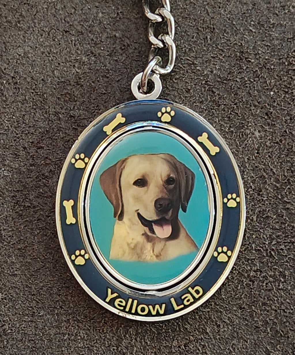 E&S Pets Double-Sided Spinning Yellow Lab Dog Breed Silver Tone Keychain.
