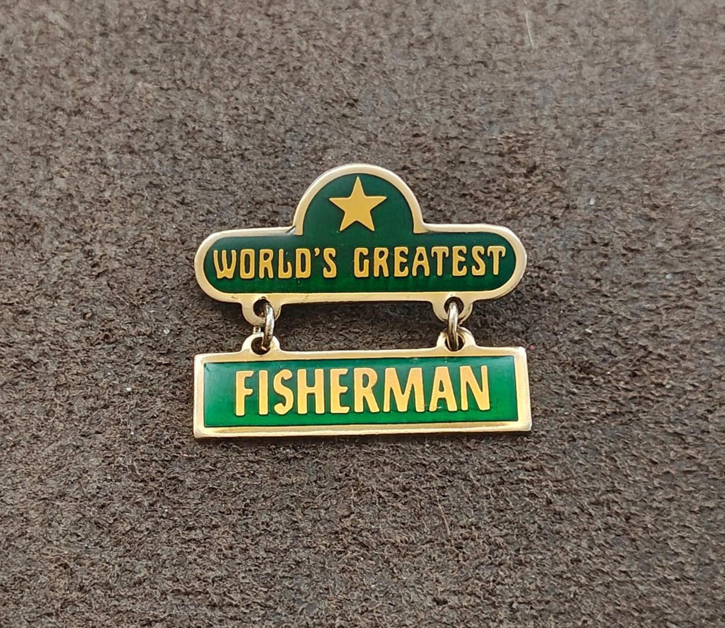 1970s "Worlds Greatest Fisherman Gold Tone Green Enamel Dangle Pin