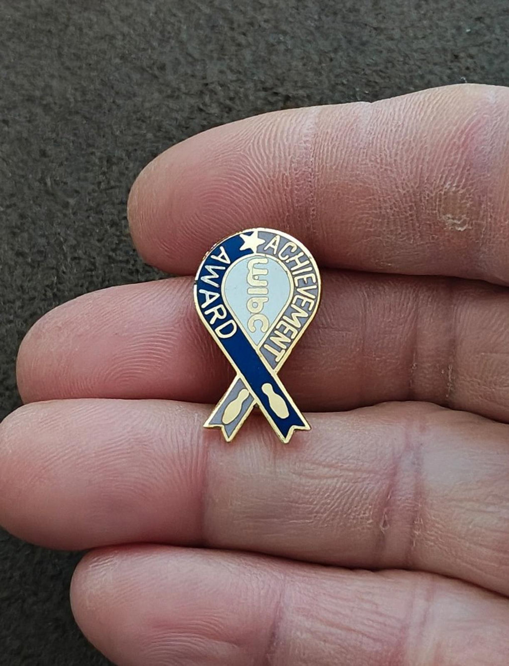 Blue and gold enamel achievement award ribbon pin with circular text