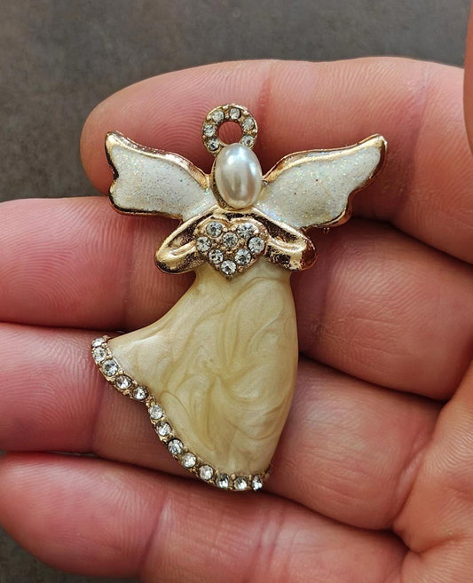 1980s Signed KC (Kenneth Cole) Pearlized Enamel Angel Gold Tone Brooch