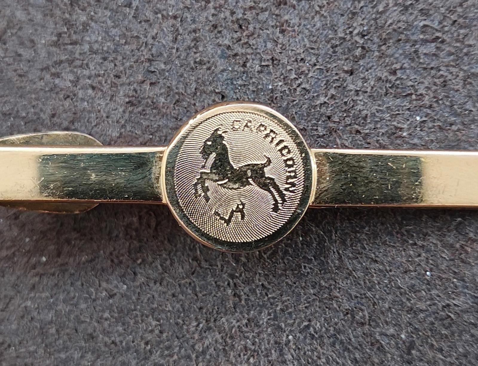 Gold-tone Capricorn tie bar front view with detailed horse engraving medallion