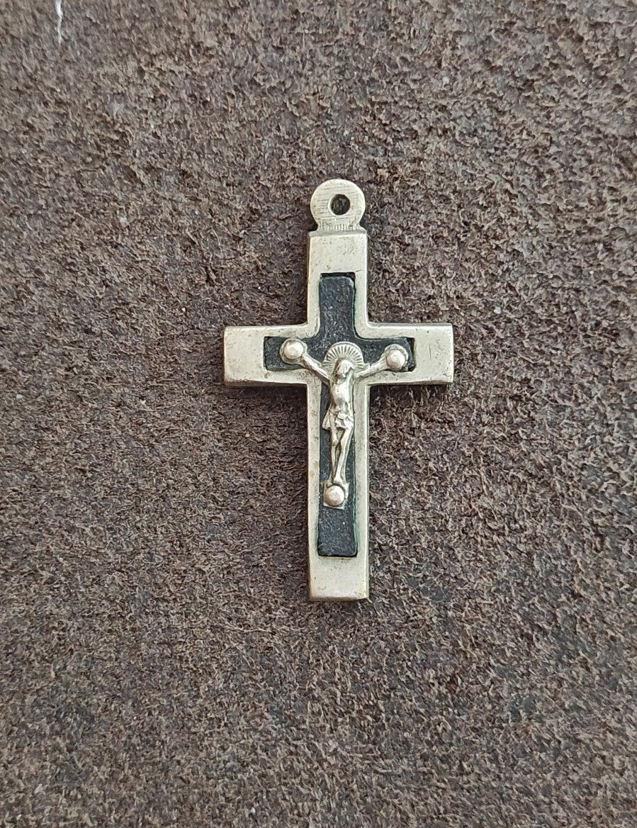 1930s Art Deco French Catholic Pectoral Crucifix With Ebony Wood Inlay Pendant