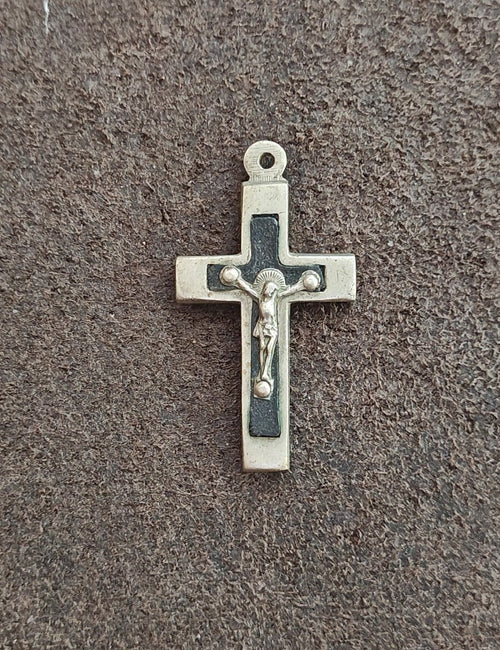 1930s Art Deco French Catholic Pectoral Crucifix With Ebony Wood Inlay Pendant - photo 2