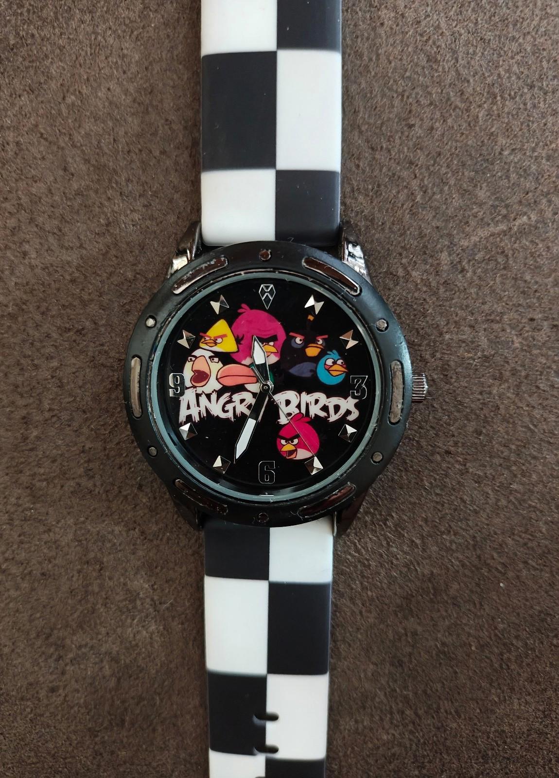 Cool Angry Birds Silver Tone With Black & White Checkered Silicone Band Watch.