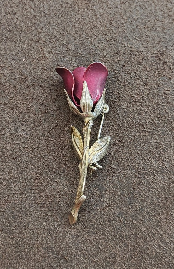 1960s Gold Tone Red Enamel Rose Bud With Stem Brooch Pin