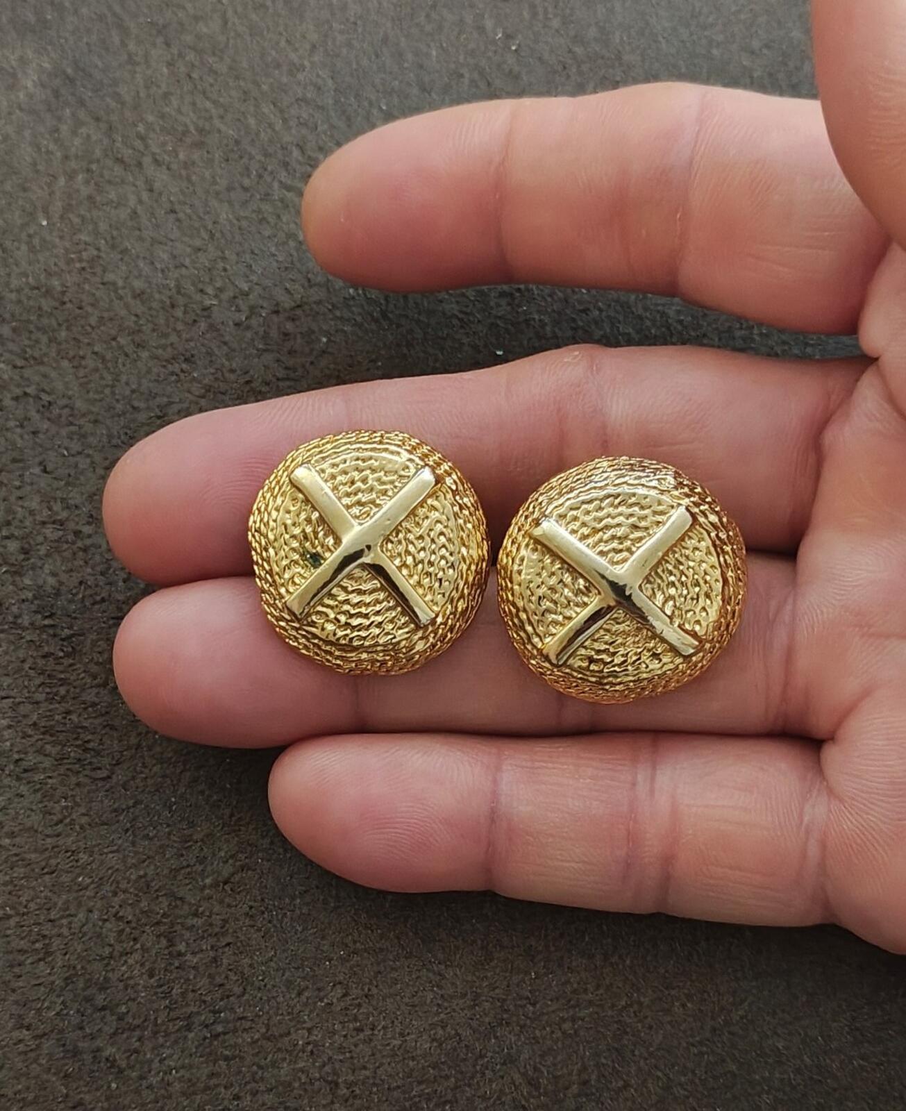 1980s Gold Tone Domed Textured Classic X Design Clip On Earrings