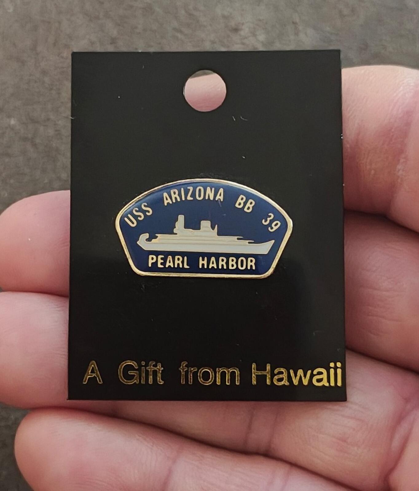 1990s  USS Arizona BB-39 Pearl Harbor Souvenir Gold Tone Blue Enamel  Pin