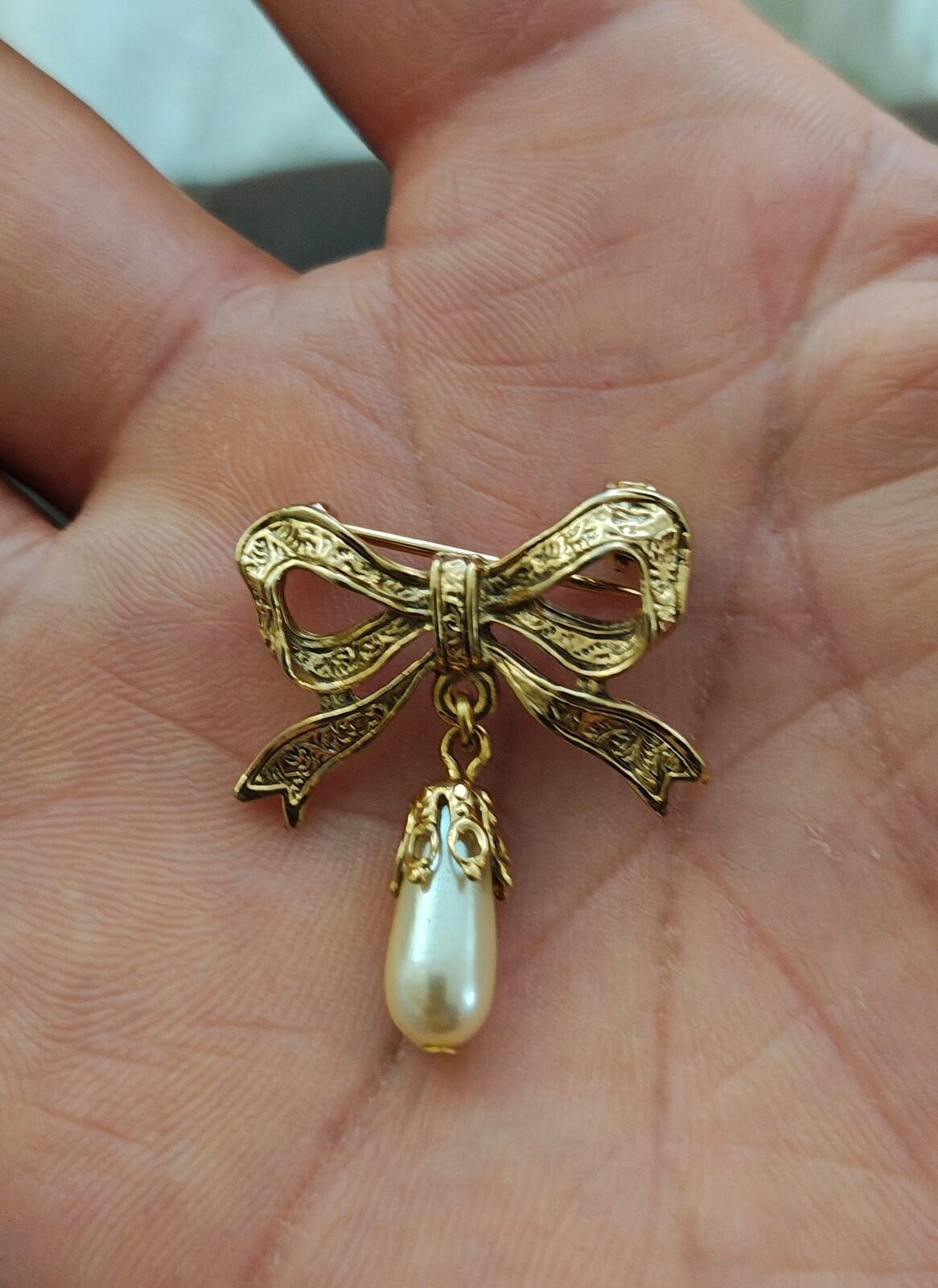 1980s Victorian Revival Embossed Gold Brooch With Dangling Faux Teardrop Pearl