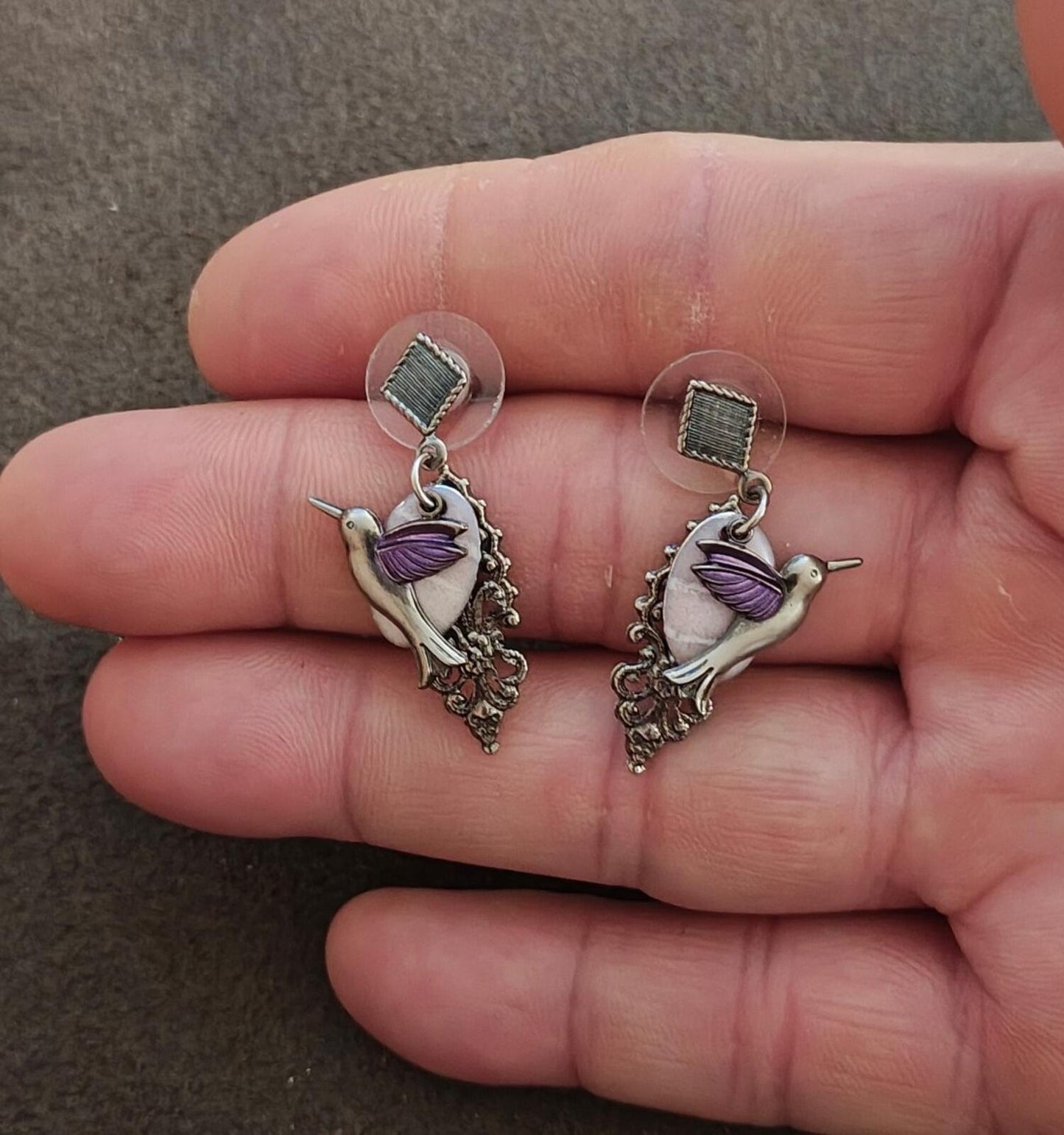 Silver Forest Silver Tone Hummingbird Purple Enamel Filigree Dangle Earrings
