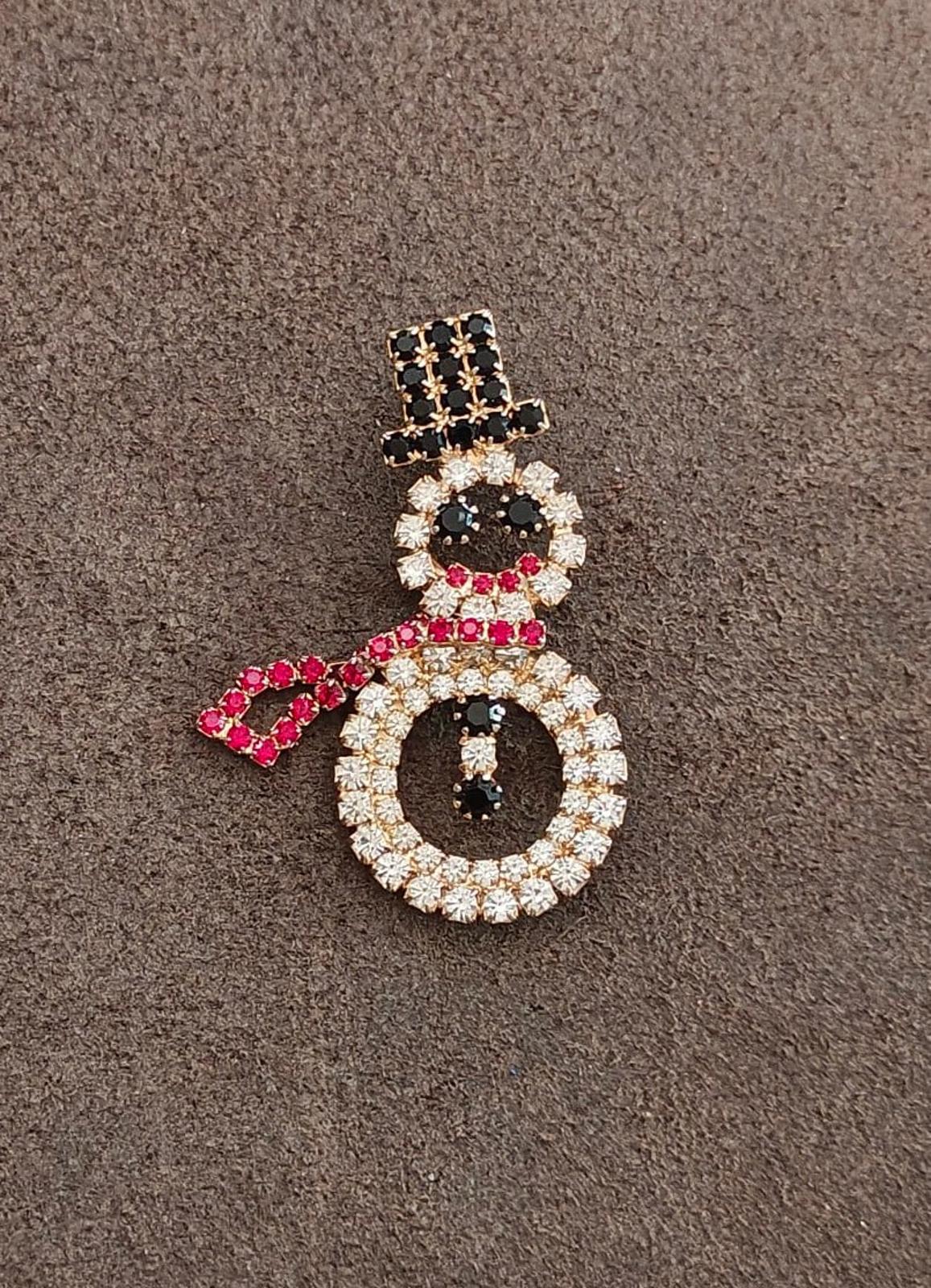 1990s Gold Tone With Red, Black and Clear Rhinestones Snowman Brooch