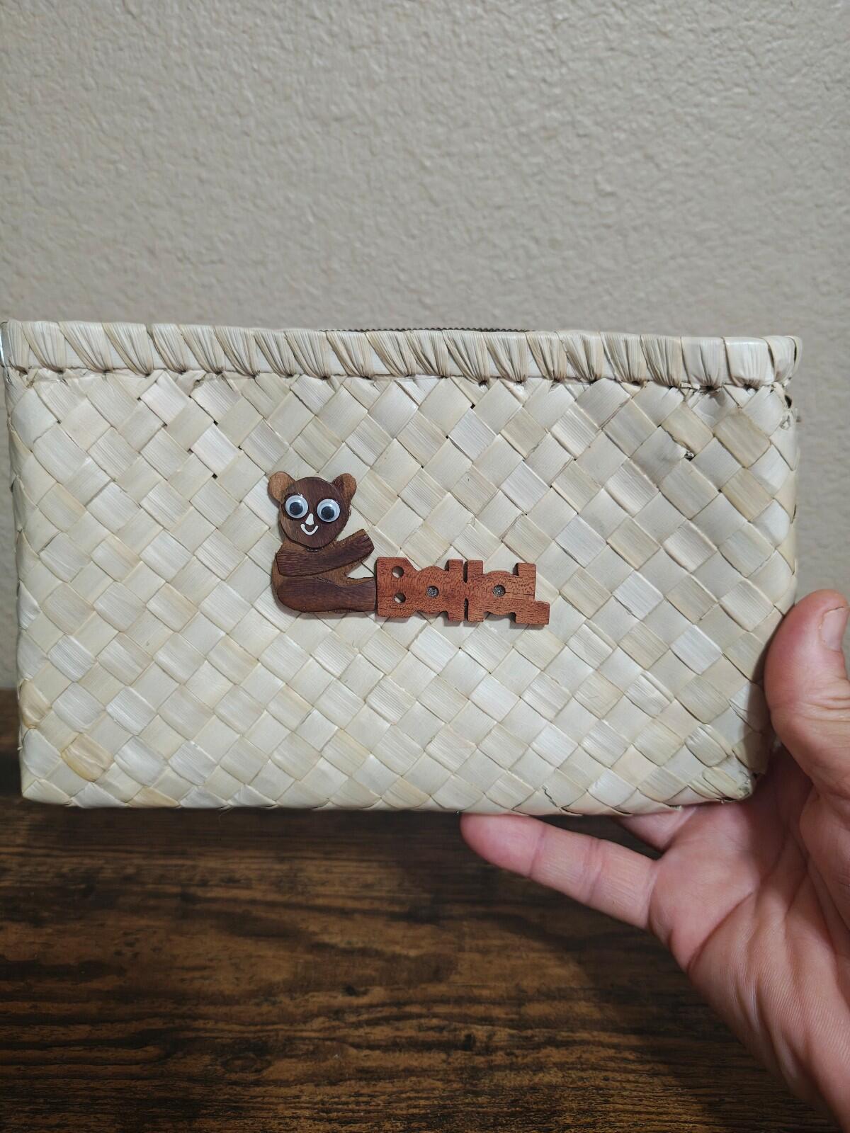 Traditional Handwoven Souvenir Pouch With Wooden Philippine Tarsier Emblem