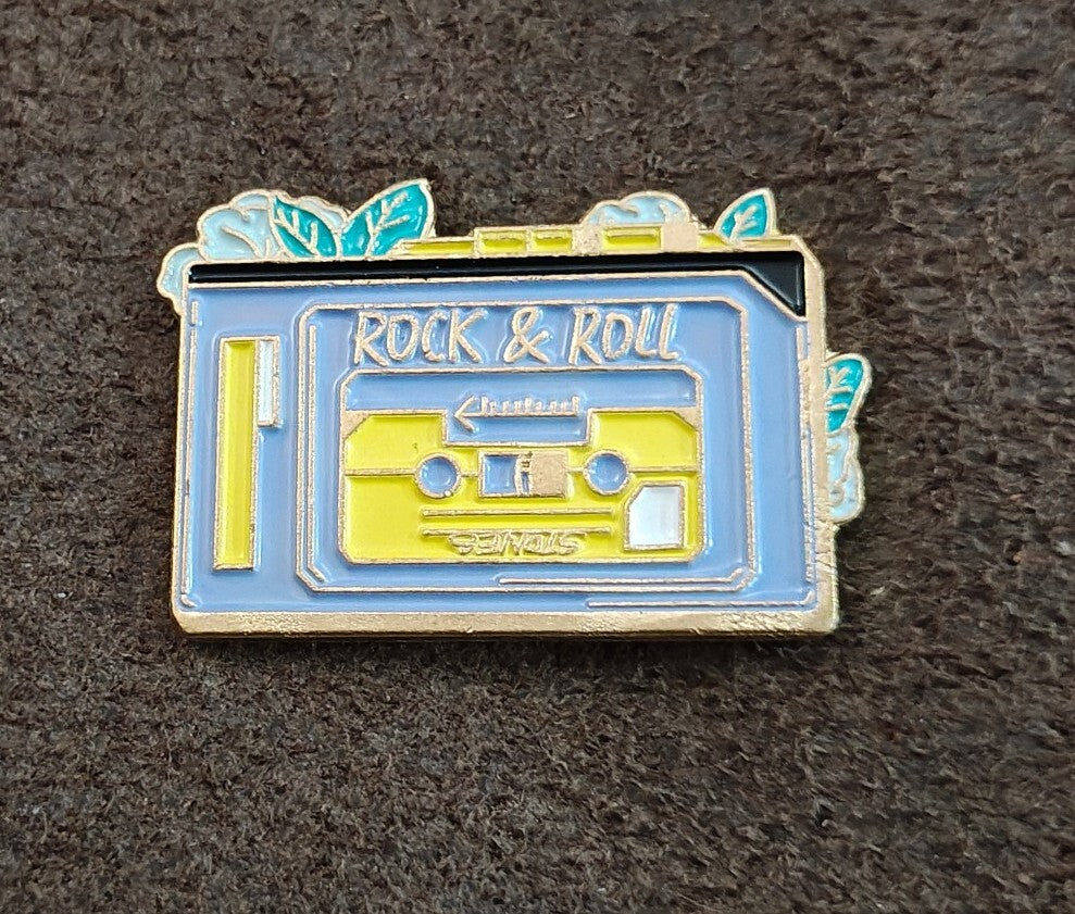 Retro Rock & Roll" Cassette Tape Gold Tone Enamel Pin