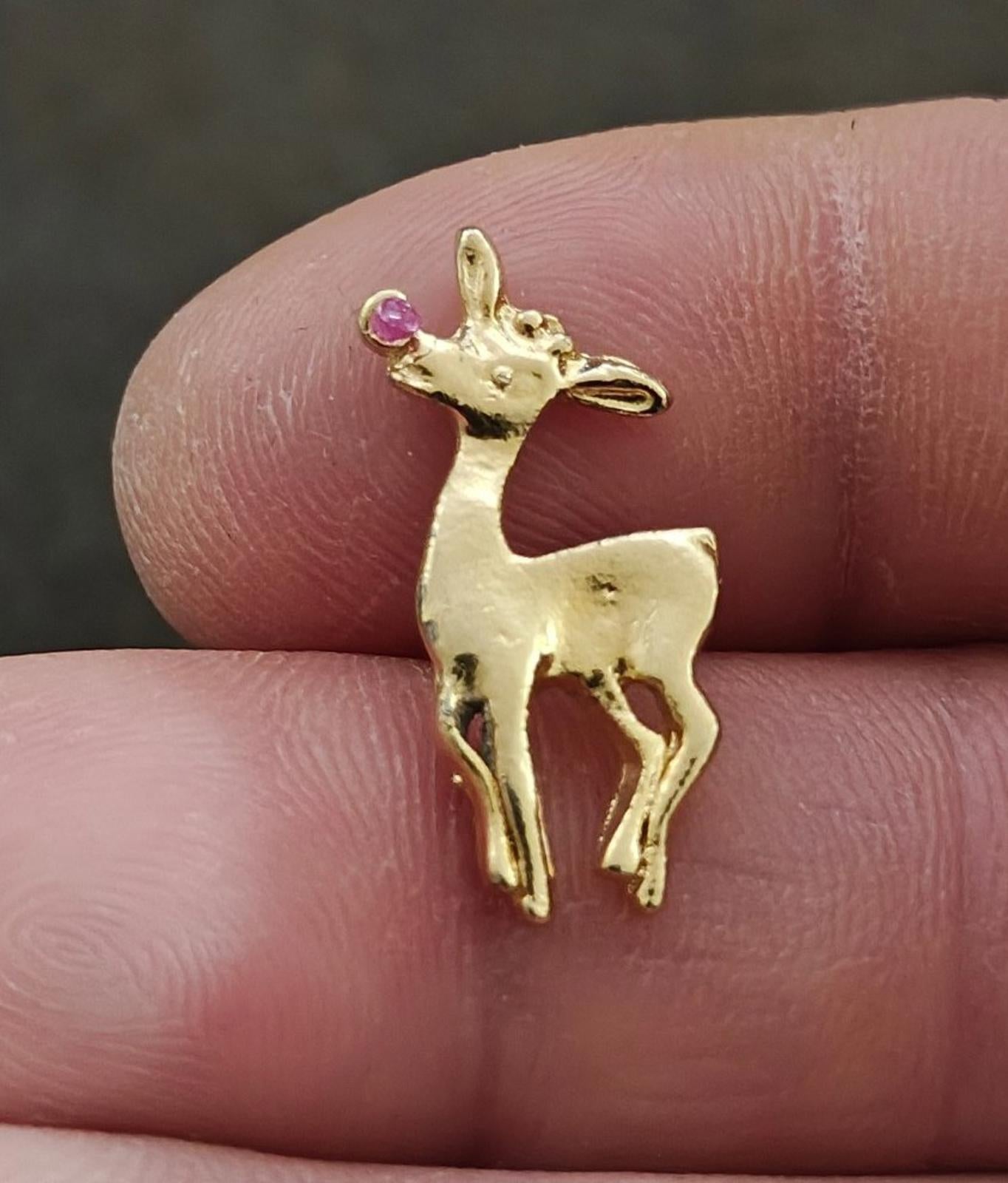 80s Rudolph Red Nosed Reindeer Harriet Carter Genuine Ruby 24k GEP Pin