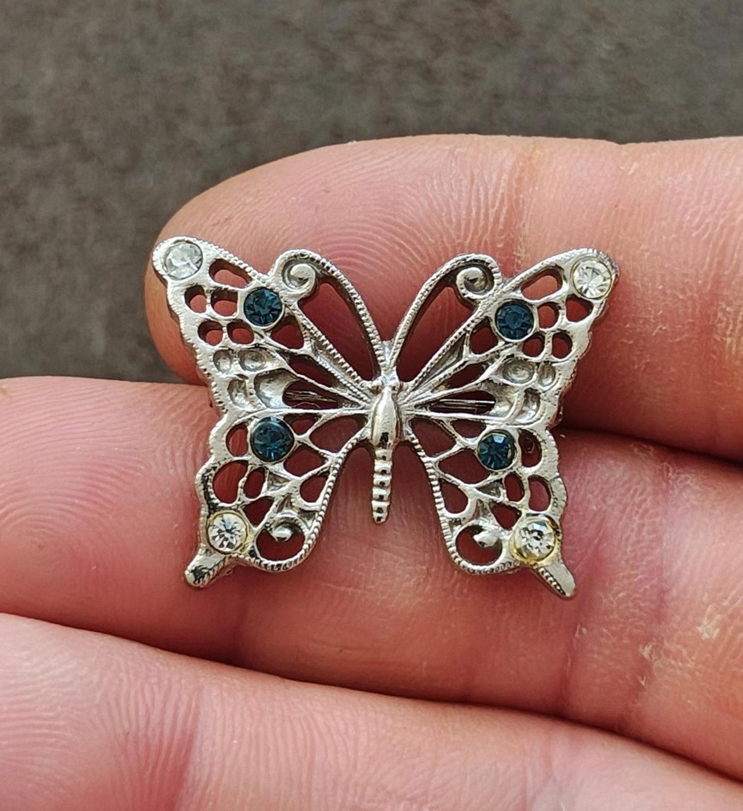 1950s Silver Tone With Clear & Blue Rhinestones Butterfly Brooch