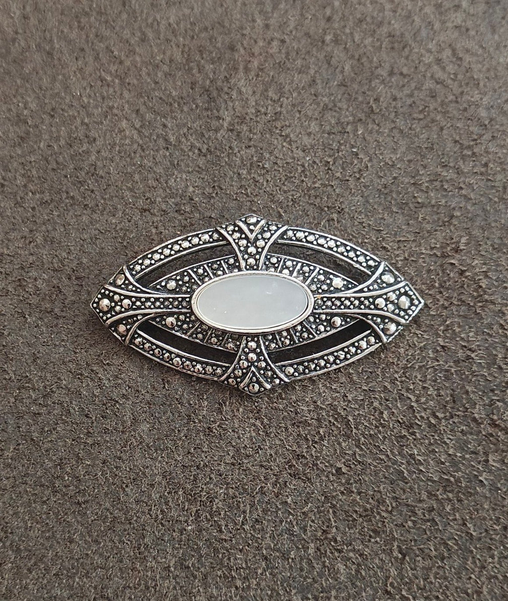 1980s Art Deco Style Marcasite & Mother of Pearl Silver Tone Brooch Pin