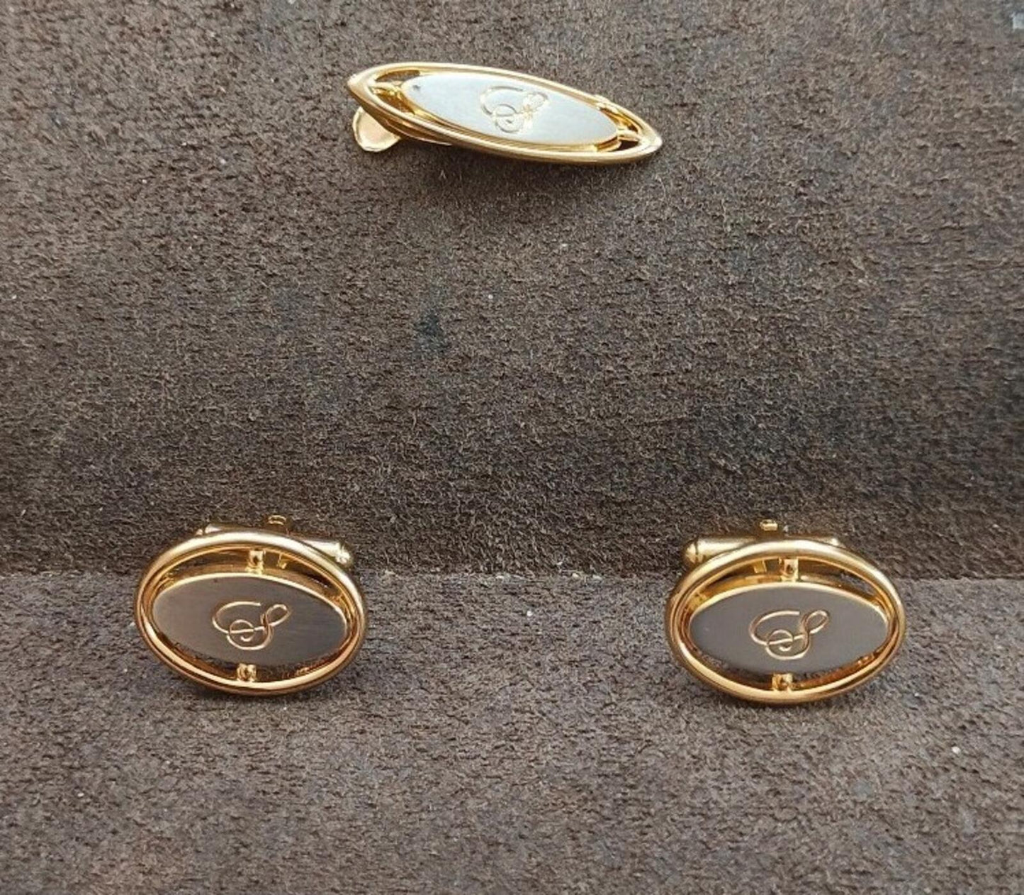 1950s/60s Hickok USA Two Tone Monogram Initial S Tie Bar/Tie Clip & Cufflink Set