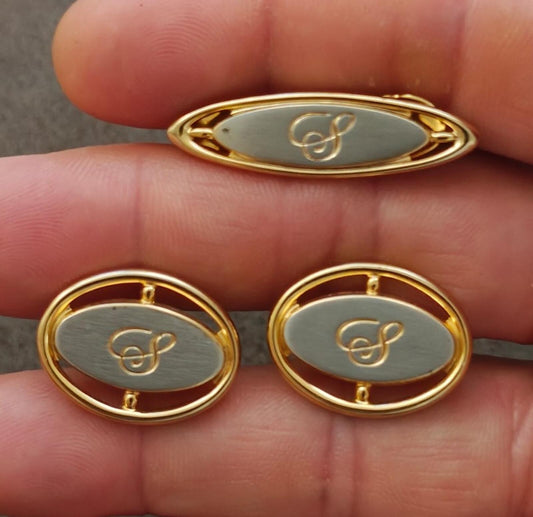 1950s/60s Hickok USA Two Tone Monogram Initial S Tie Bar/Tie Clip & Cufflink Set