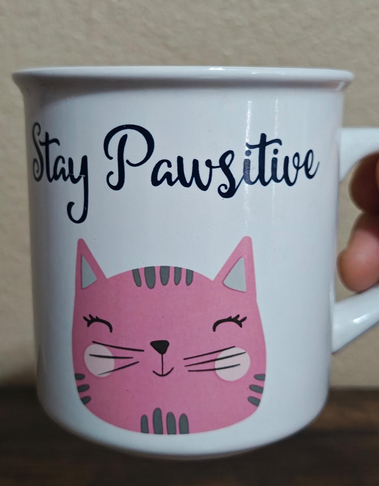 Stay Pawsitive Ceramic white & Pink Cat Mug