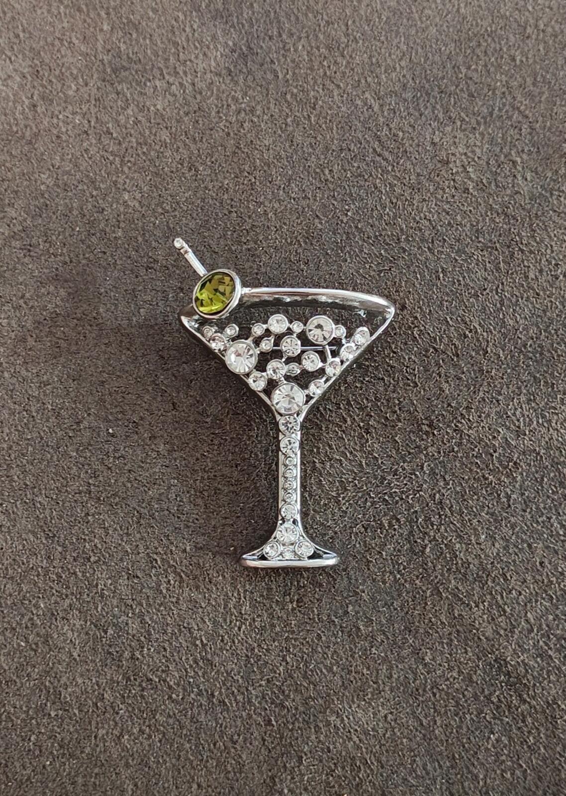 Chico's Silver Tone With Peridot Green Rhinestone Martini Glass Brooch