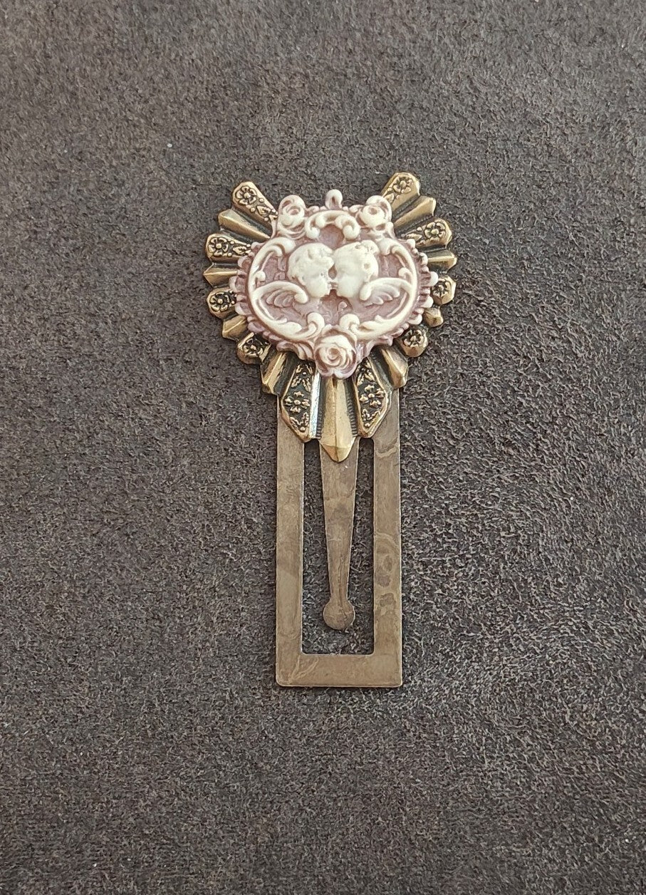1990s Ornate Brass Cherub Cameo Bookmark/Victorian Revival Page Marker