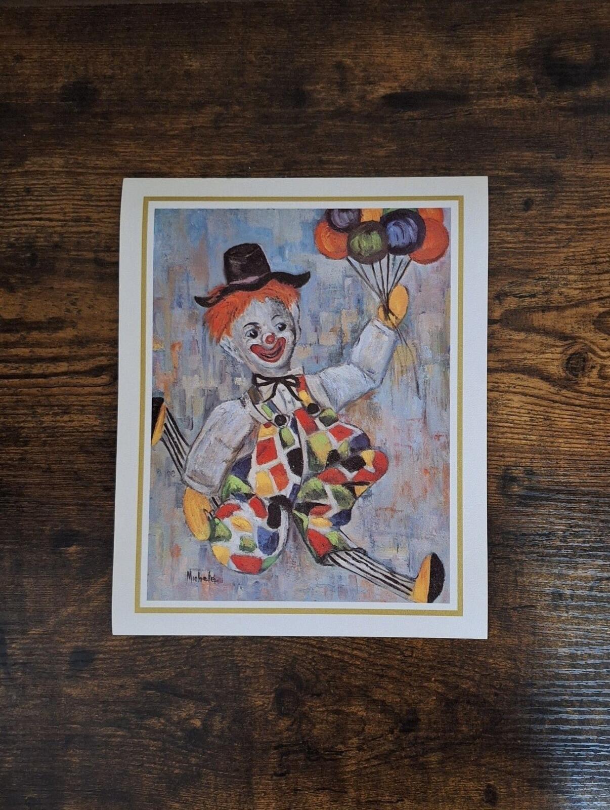 1960s Clown Balloons Lithograph Print Artist Signed Michele Reprint