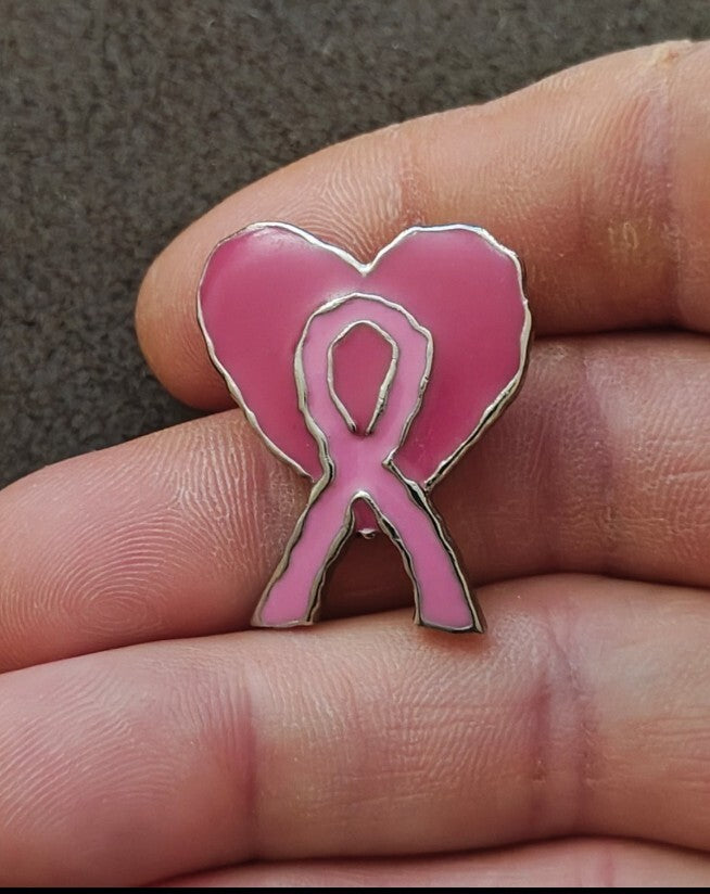 Pink Breast Cancer Awareness Ribbon Heart Silver Tone Enamel Pin