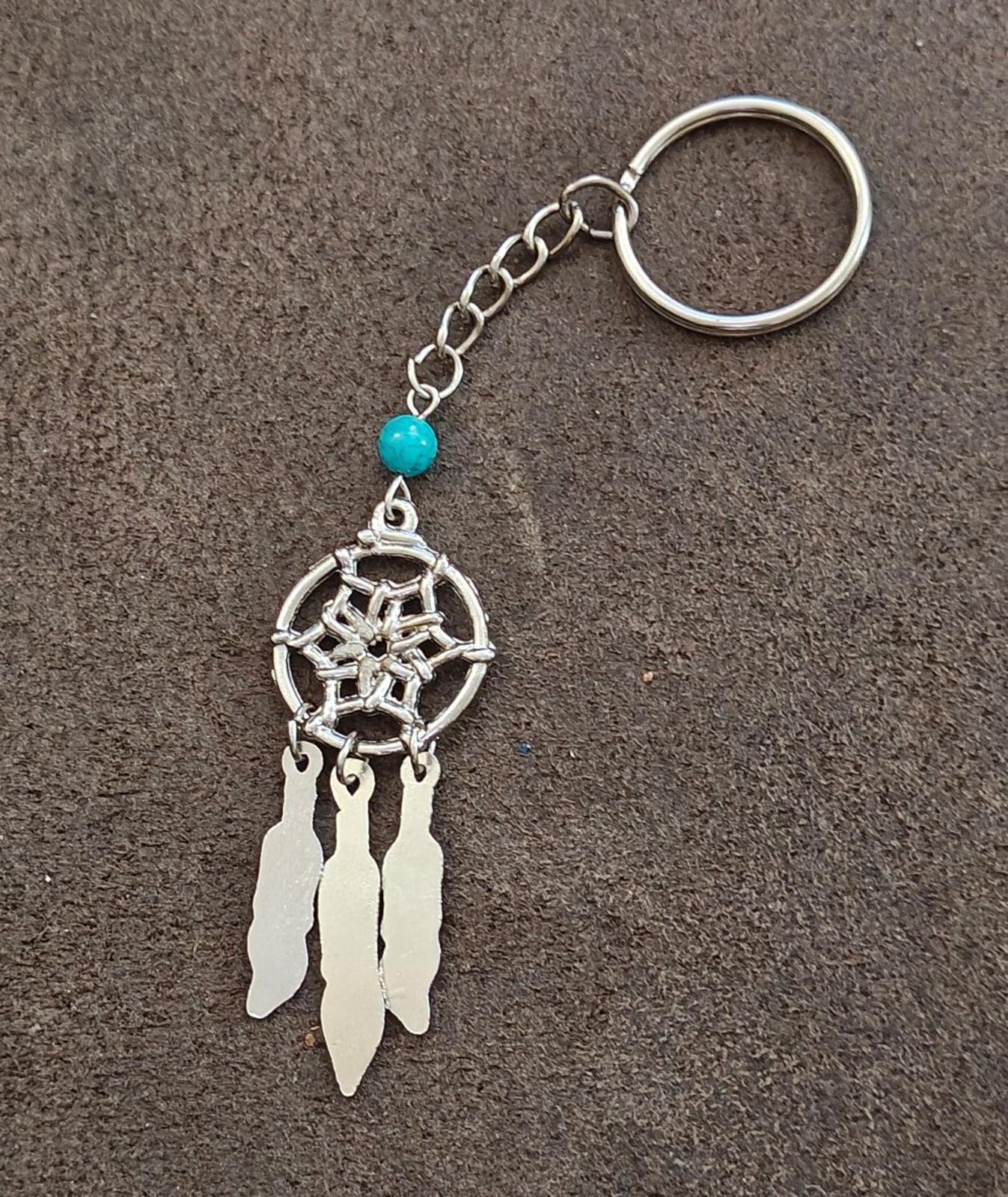1990s Vintage Silver Tone With Faux Turquoise Bead Dreamcatcher Keychain