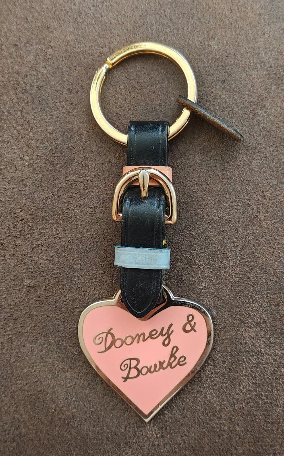 Dooney & Bourke heart keychain fob, black leather strap, light blue band, gold key ring
