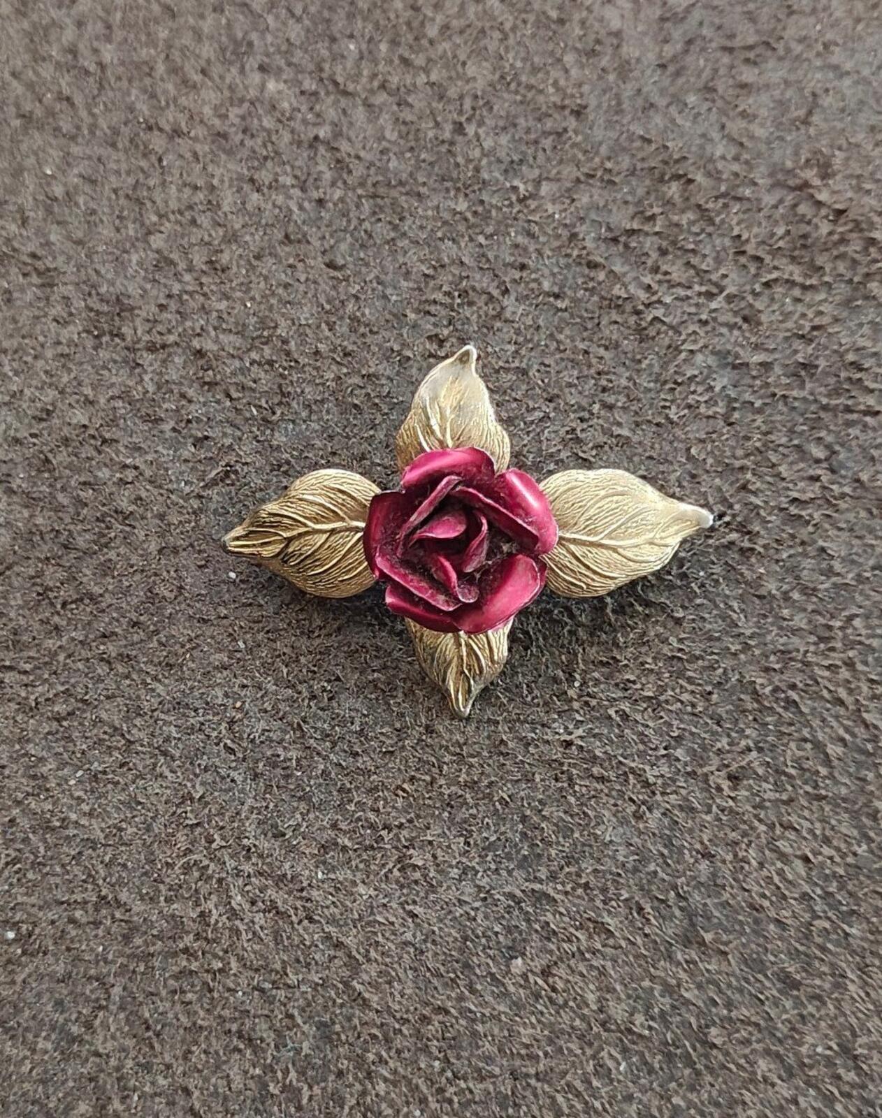 1970s/80s 3D Gold Tone Textured Red Enamel Rose Brooch