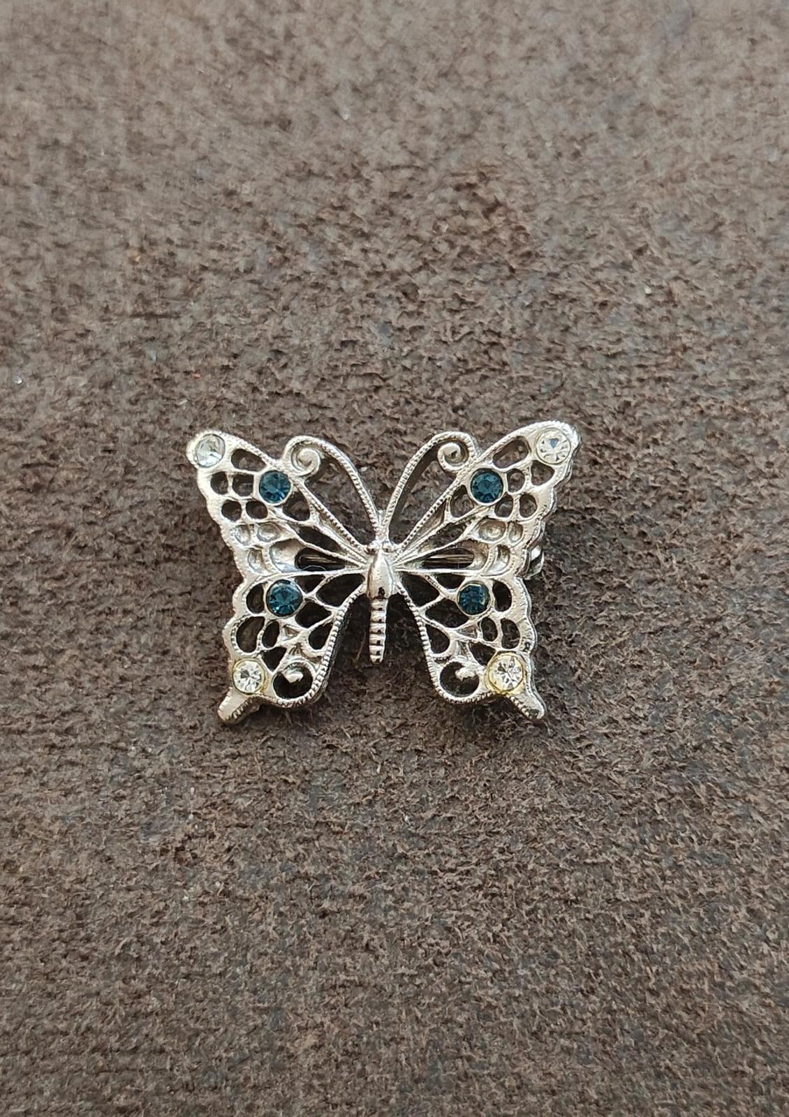 1950s Silver Tone With Clear & Blue Rhinestones Butterfly Brooch