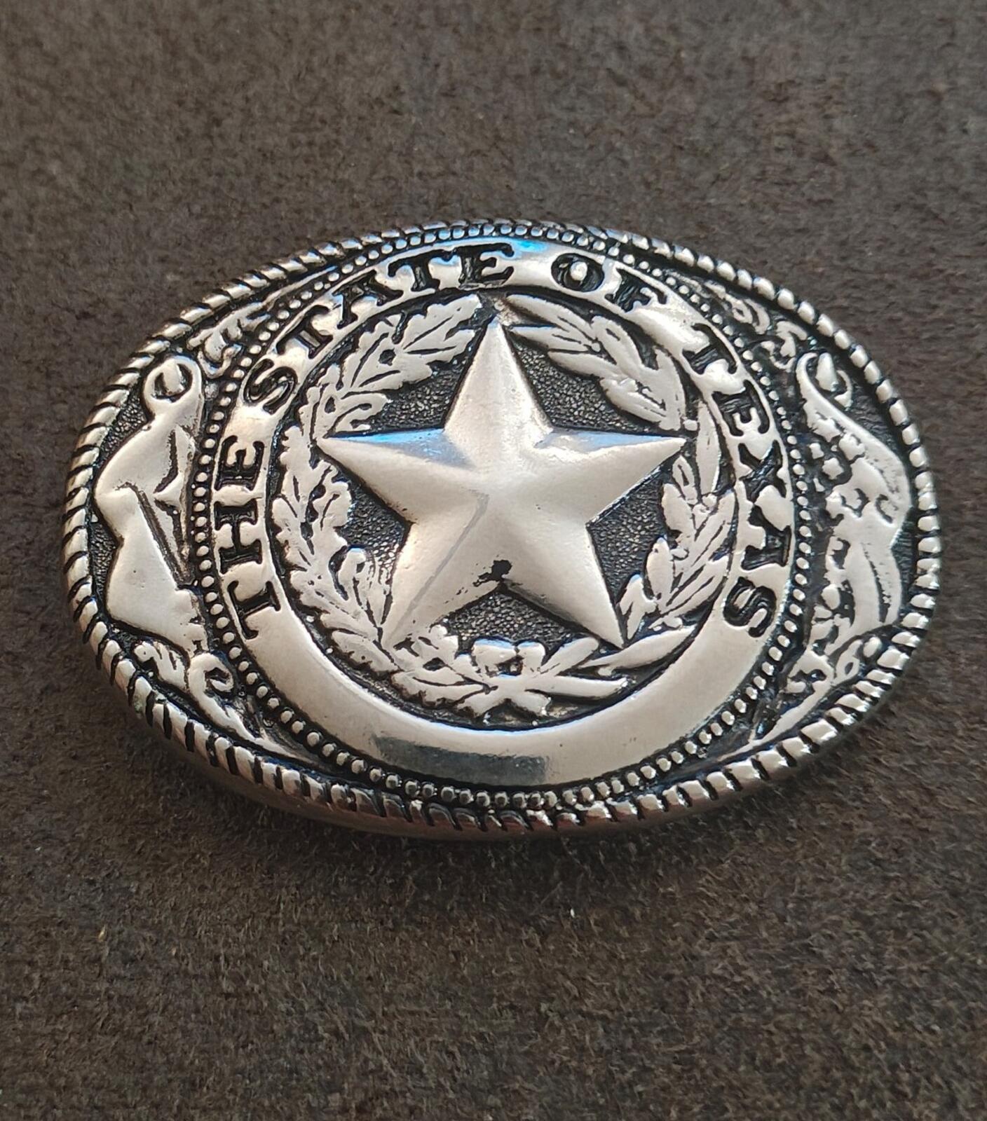 80s Silver Tone Western Style "The State of Texas" Lone Star Emblem Belt Buckle