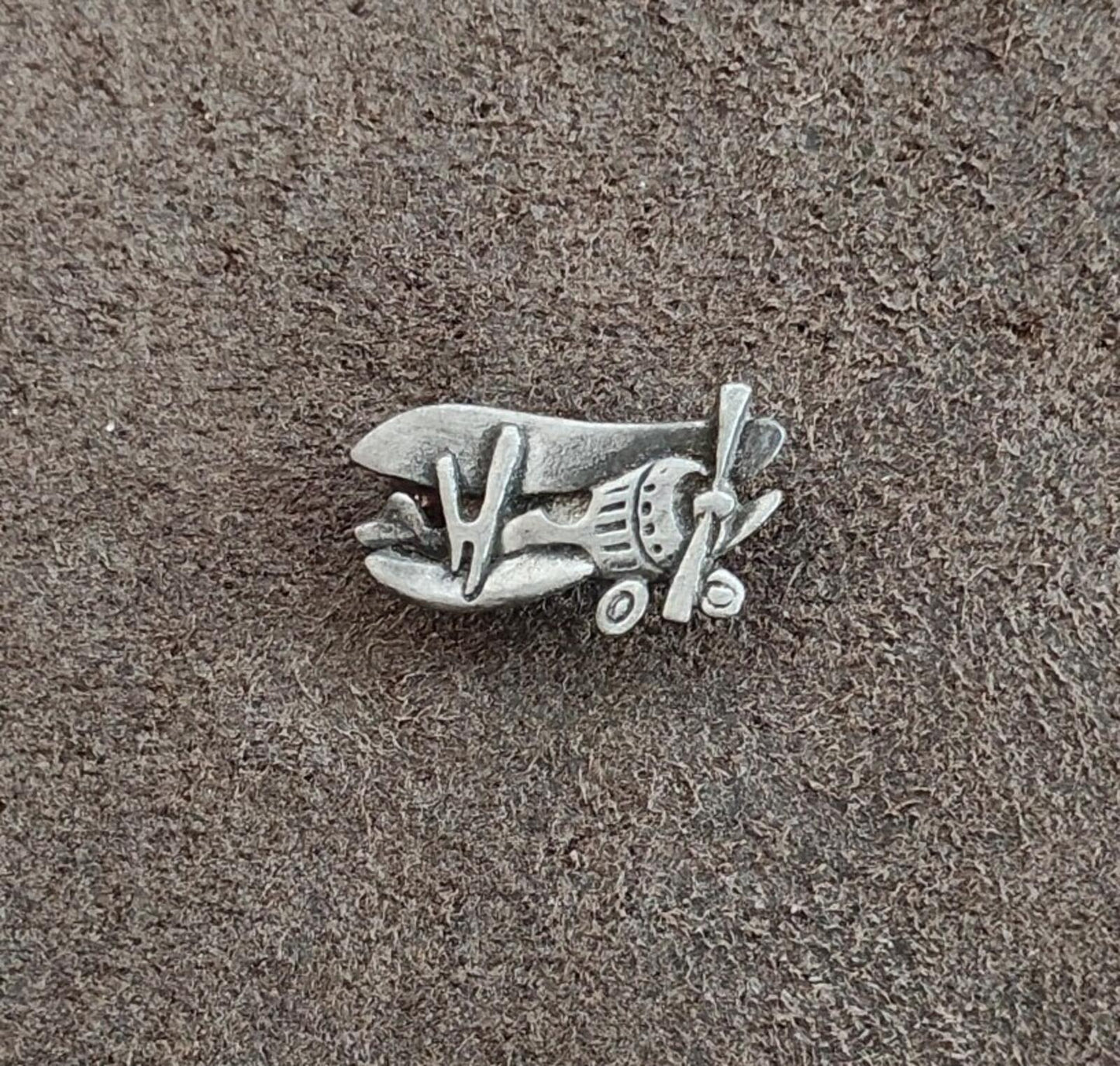 1970s Signed AJR Company Pewter Biplane Airplane Brooch Pin