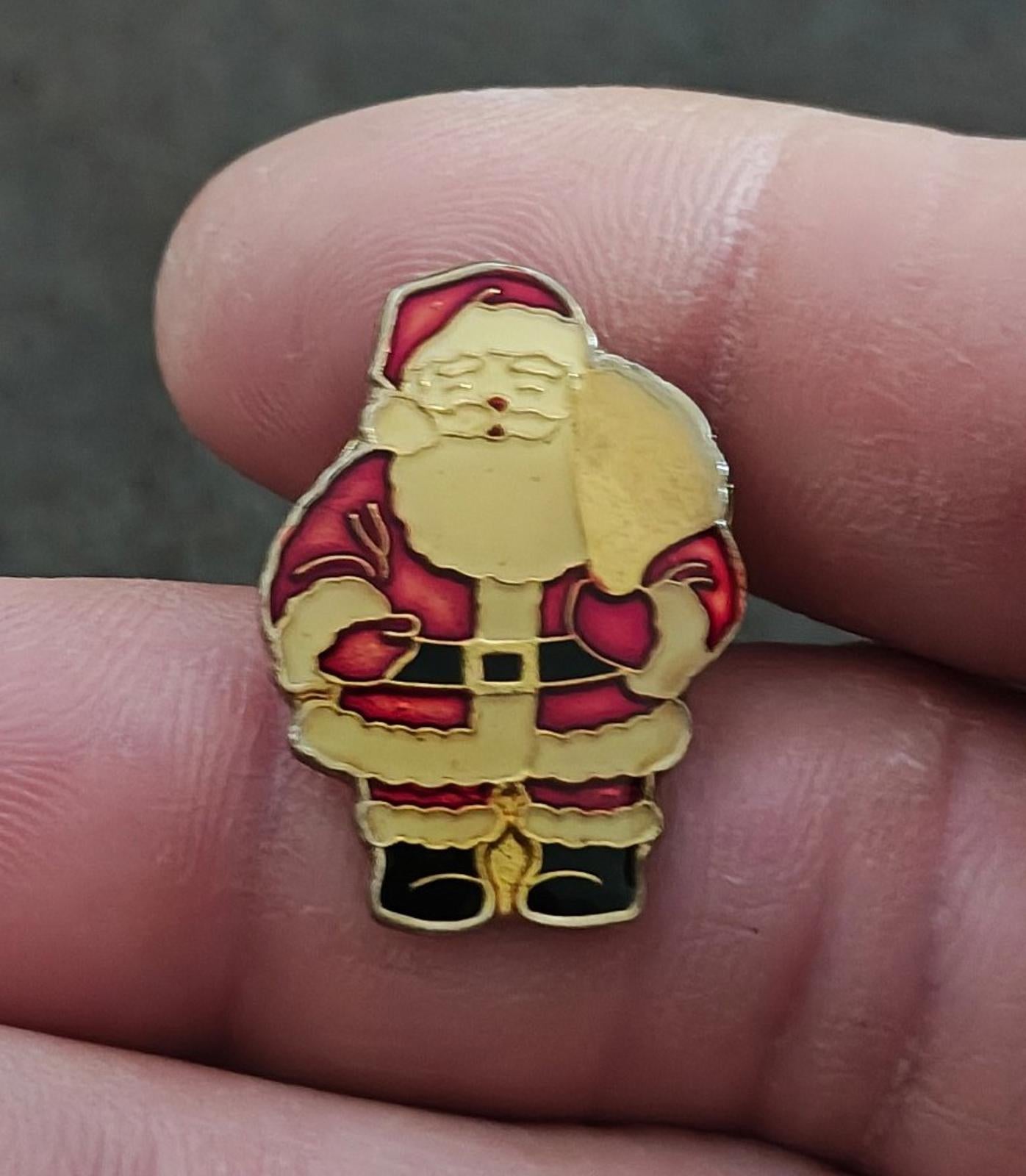 1980s  Santa Claus Carrying Gifts Gold Tone Enamel Pin