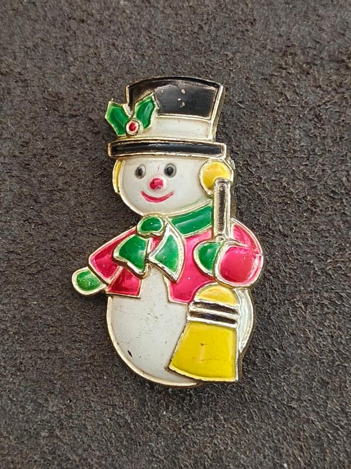 1970s Christmas Snowman Plastic & Painted Enamel Brooch