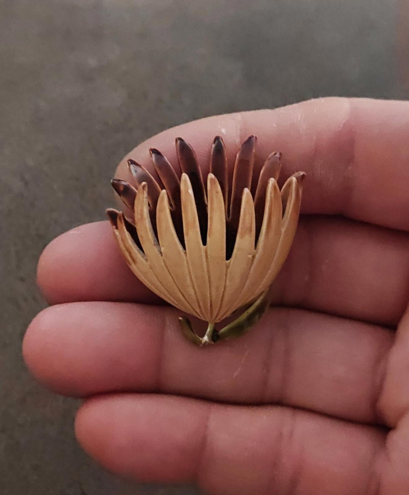 1970s Brown Beige Floral Enamel Brooch