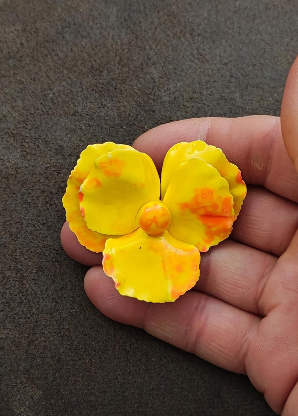 Yellow enamel flower brooch pin with bright petal finish and raised center bead