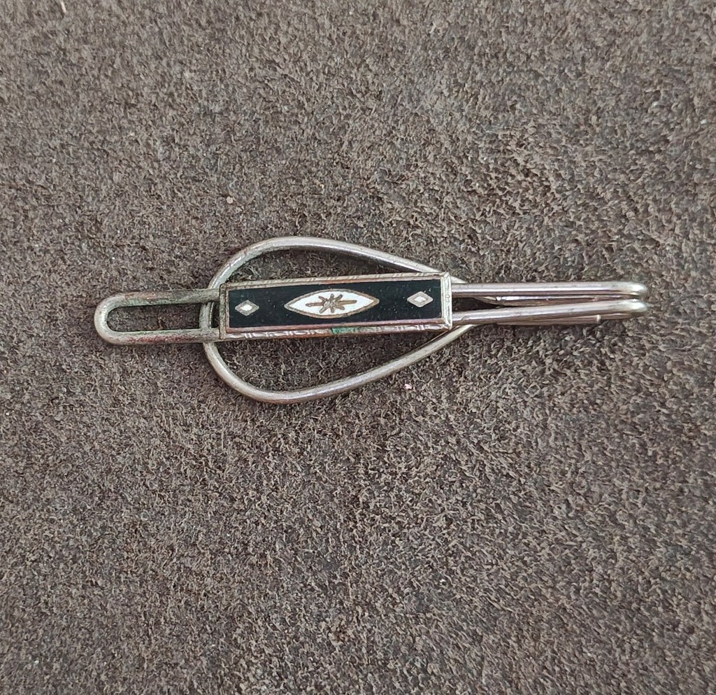 1930s/40s Art Deco Loop Style Silver Tone Black and White Tie Clip