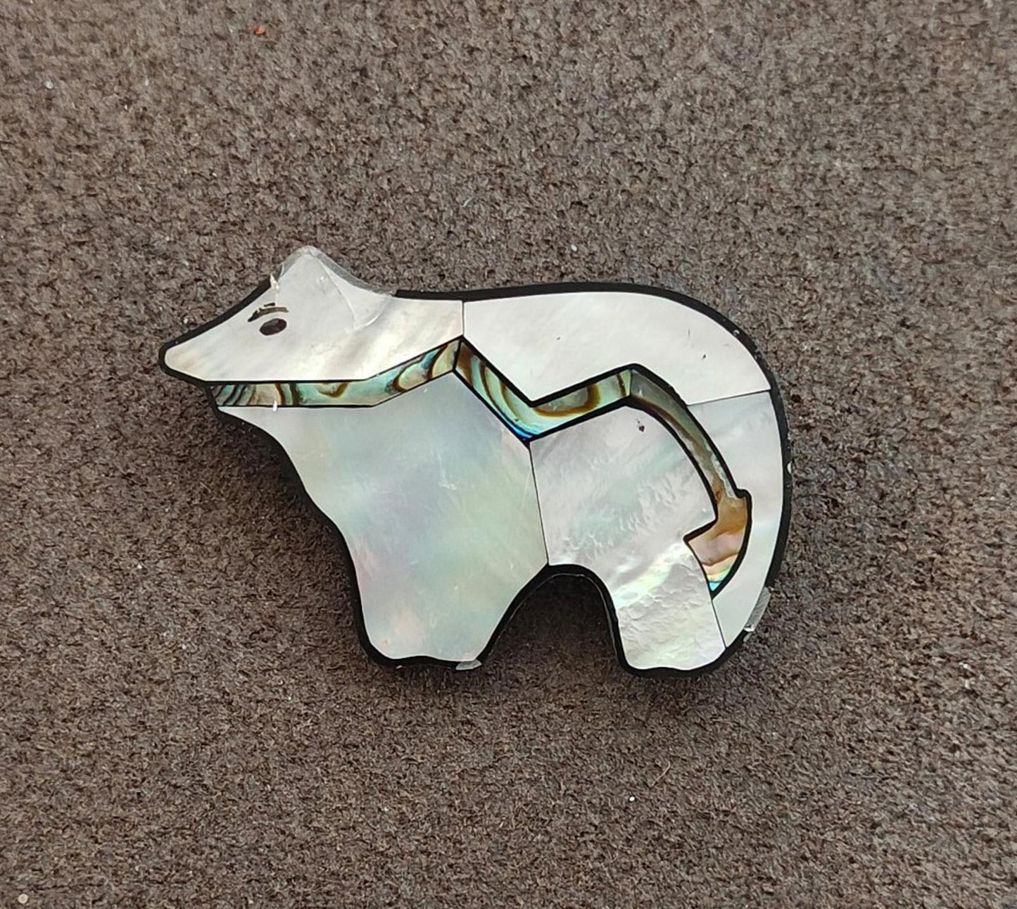 1990s Native American Zuni Style Mother of Pearl and Abalone Shell Bear Brooch
