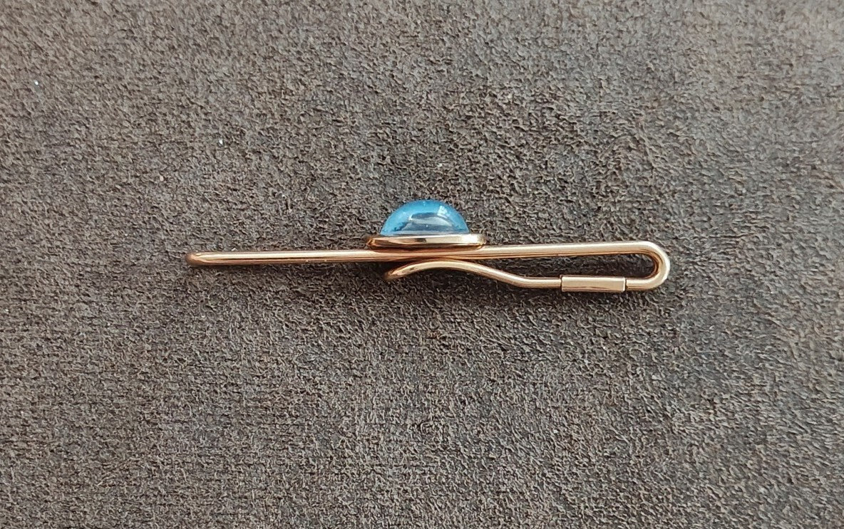 1950s Oval Blue Cabochon Gold Tone Wire Loop Tie Bar/Tie Clip
