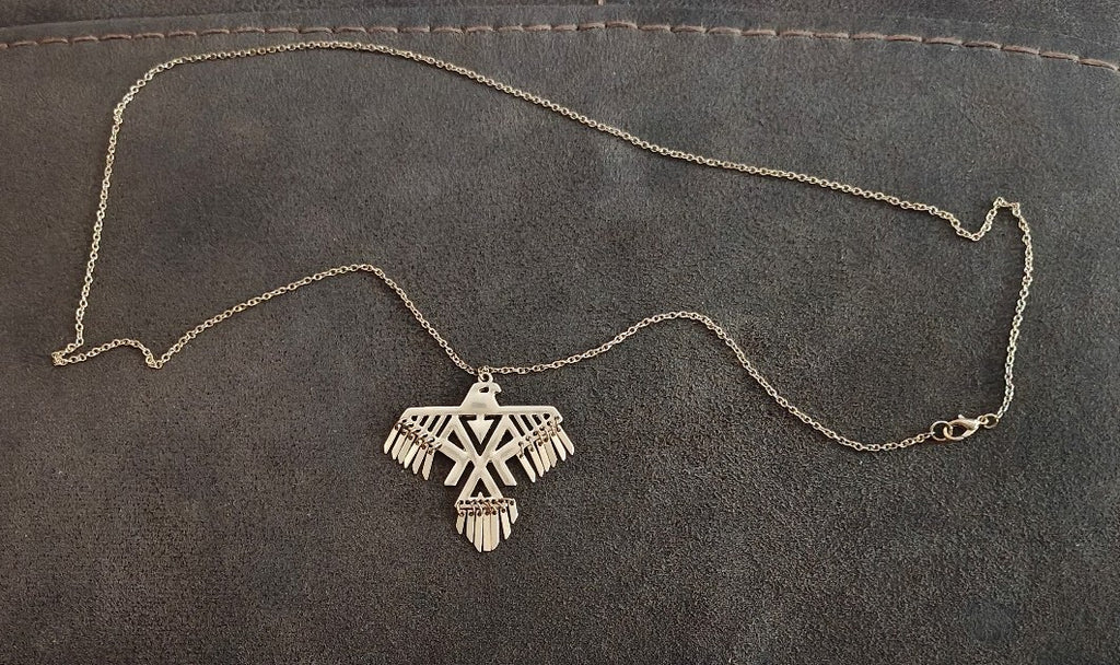 1980s Native American Inspired Geometric Thunderbird Gold Tone Pendant Necklace
