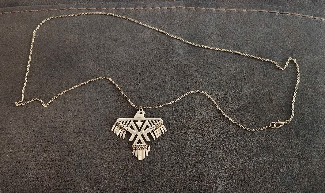 1980s Native American Inspired Geometric Thunderbird Gold Tone Pendant Necklace