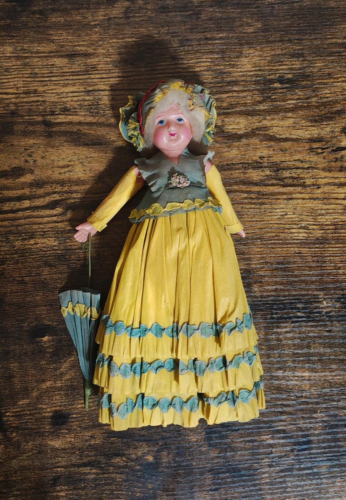 1930s/40s Rare Handcrafted Crepe Paper Doll With Plastic/Celluloid Face & Body
