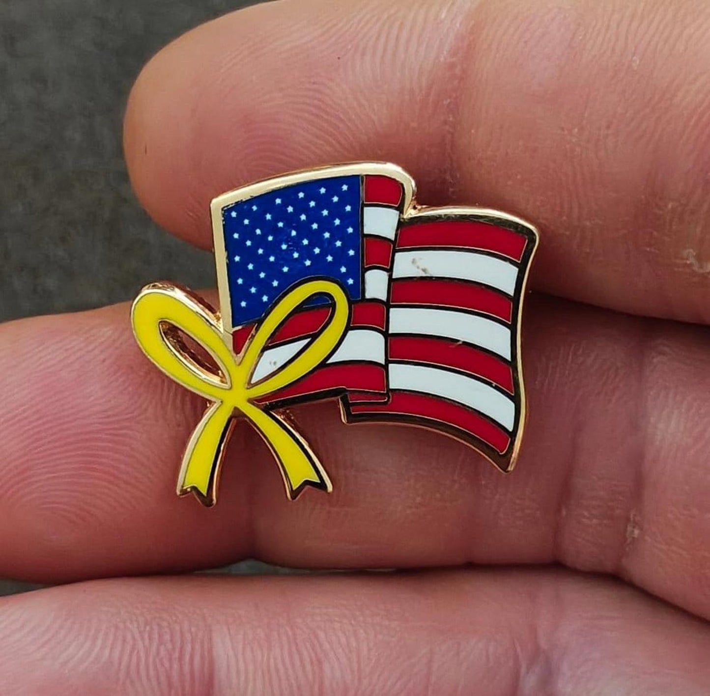 1980's Wavy American Flag With Yellow Ribbon Gold Tone Pin