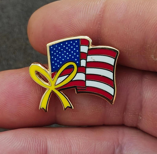 1980's Wavy American Flag With Yellow Ribbon Gold Tone Pin