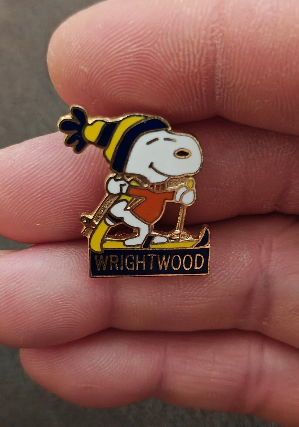 1970s Peanuts Snoopy Skiing Wrightwood  Cloisonné Gold Tone Enamel Pin