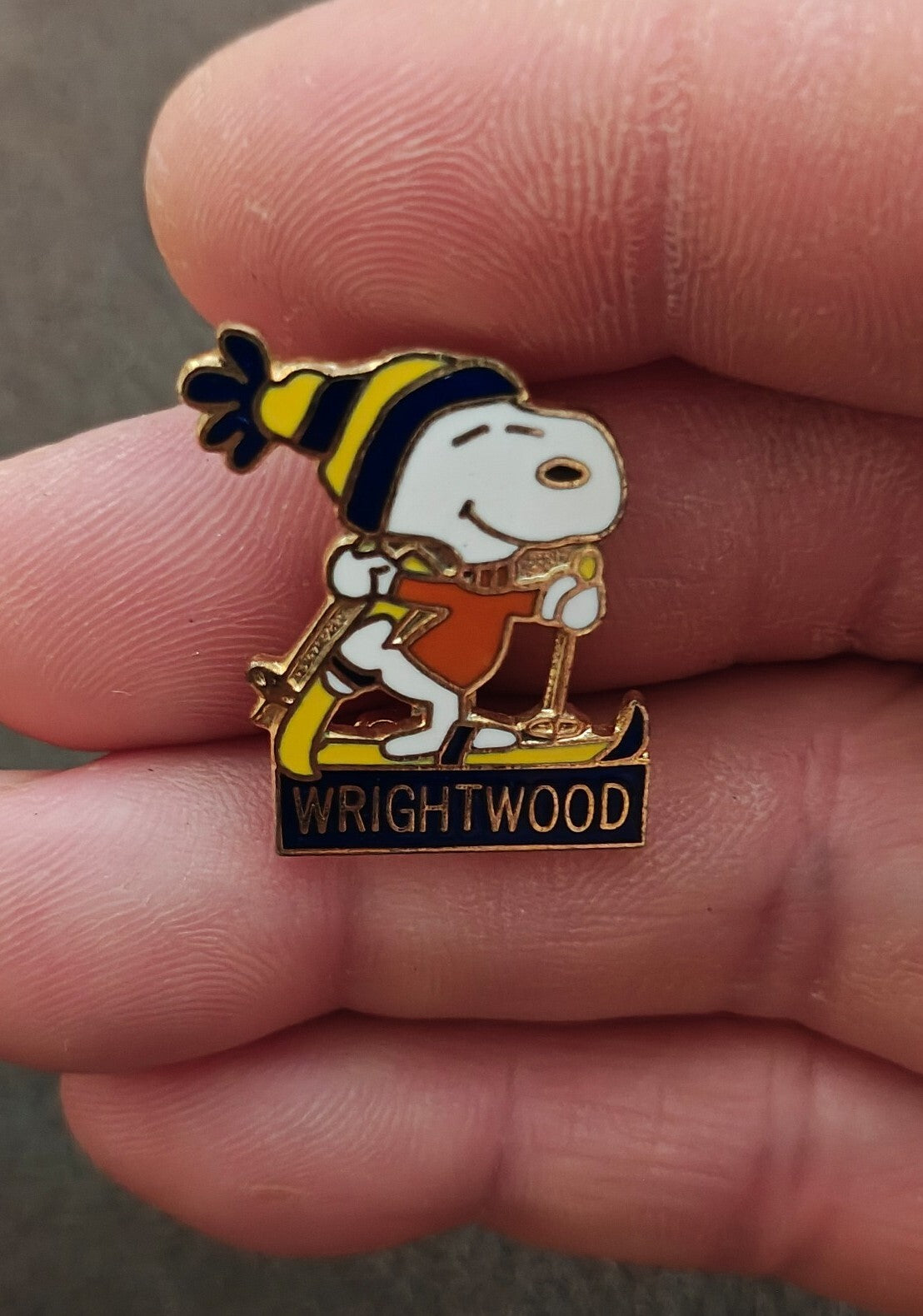 1970s Peanuts Snoopy Skiing Wrightwood  Cloisonné Gold Tone Enamel Pin