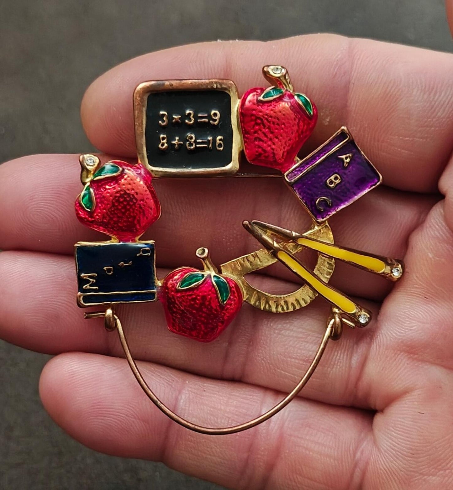 1980s Gold Tone Enamel School Teacher Brooch