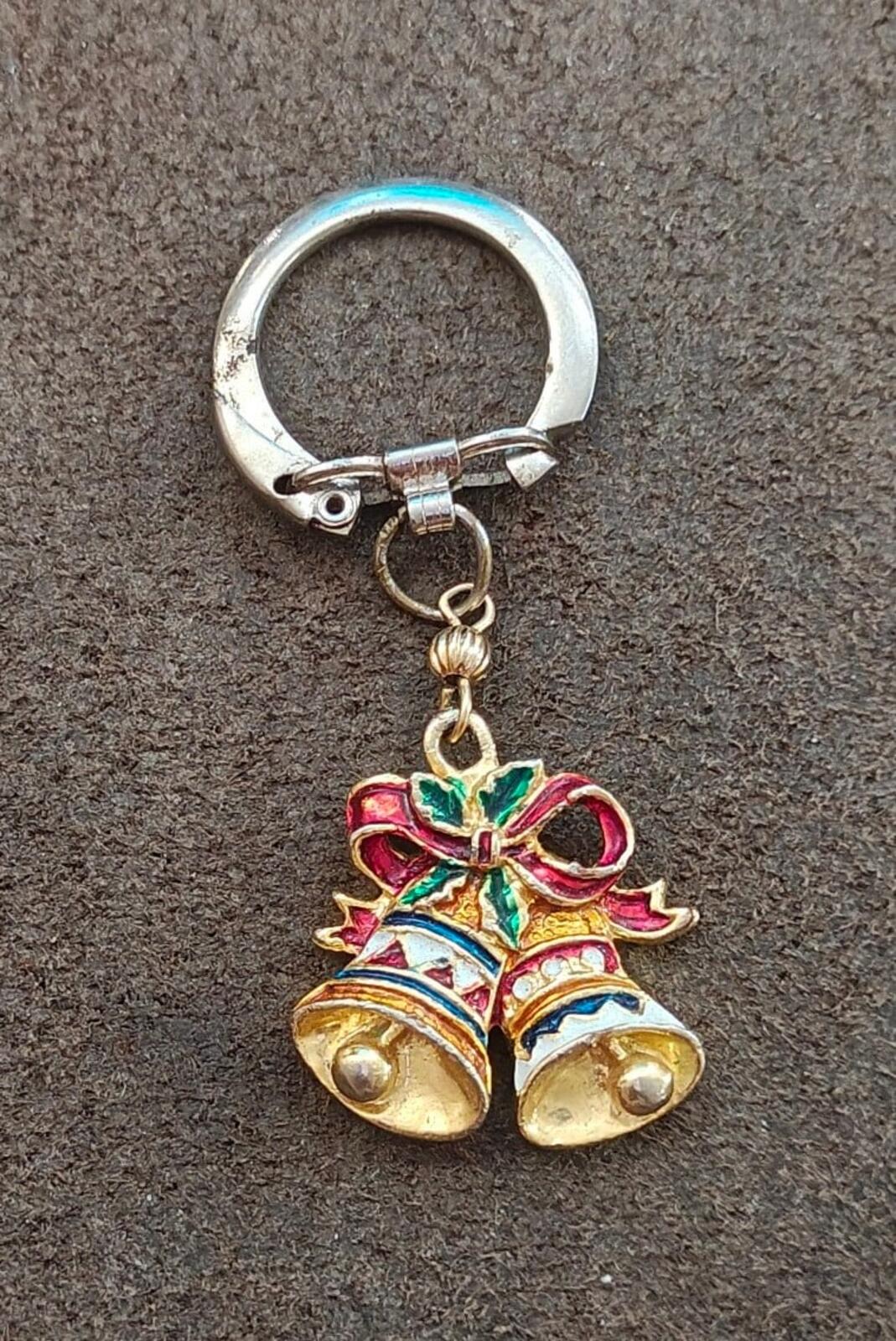 1980s Gold Tone With Red White & Green Enamel Christmas Bell Keychain